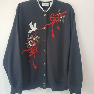 Alfred Dunner Woman's Christmas Holiday Sweater Red & White Birds Embroidery L